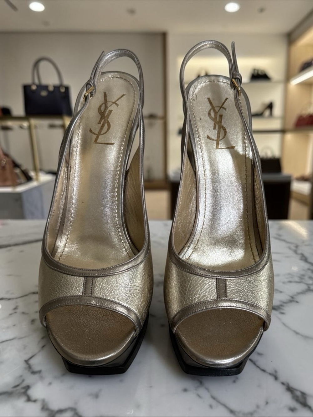 Yves Saint Laurent Gold Metallic Peep-Toe Slingback Platform Heels! Size 9.5 /40 - Picture 6 of 16